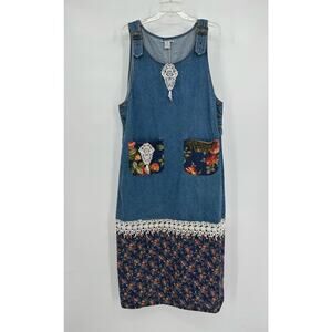Vintage Haiks‎ Womens Maxi Denim Jumper Dress Size XL Cottagecore Crochet Floral
